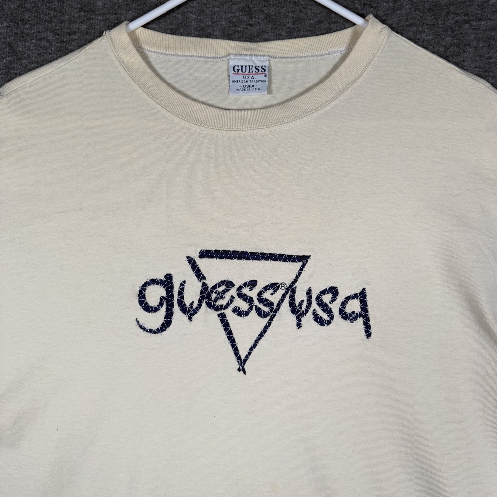 Vintage Guess USA T Shirt OSFA Cream Navy Triangle Logo American Tradition